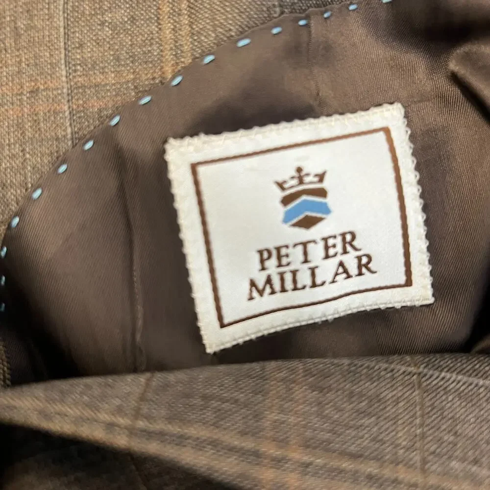 Peter Millar Men's Blazer‎ Sport Coat Jacket Brown Plaid Glen Check Wool 48